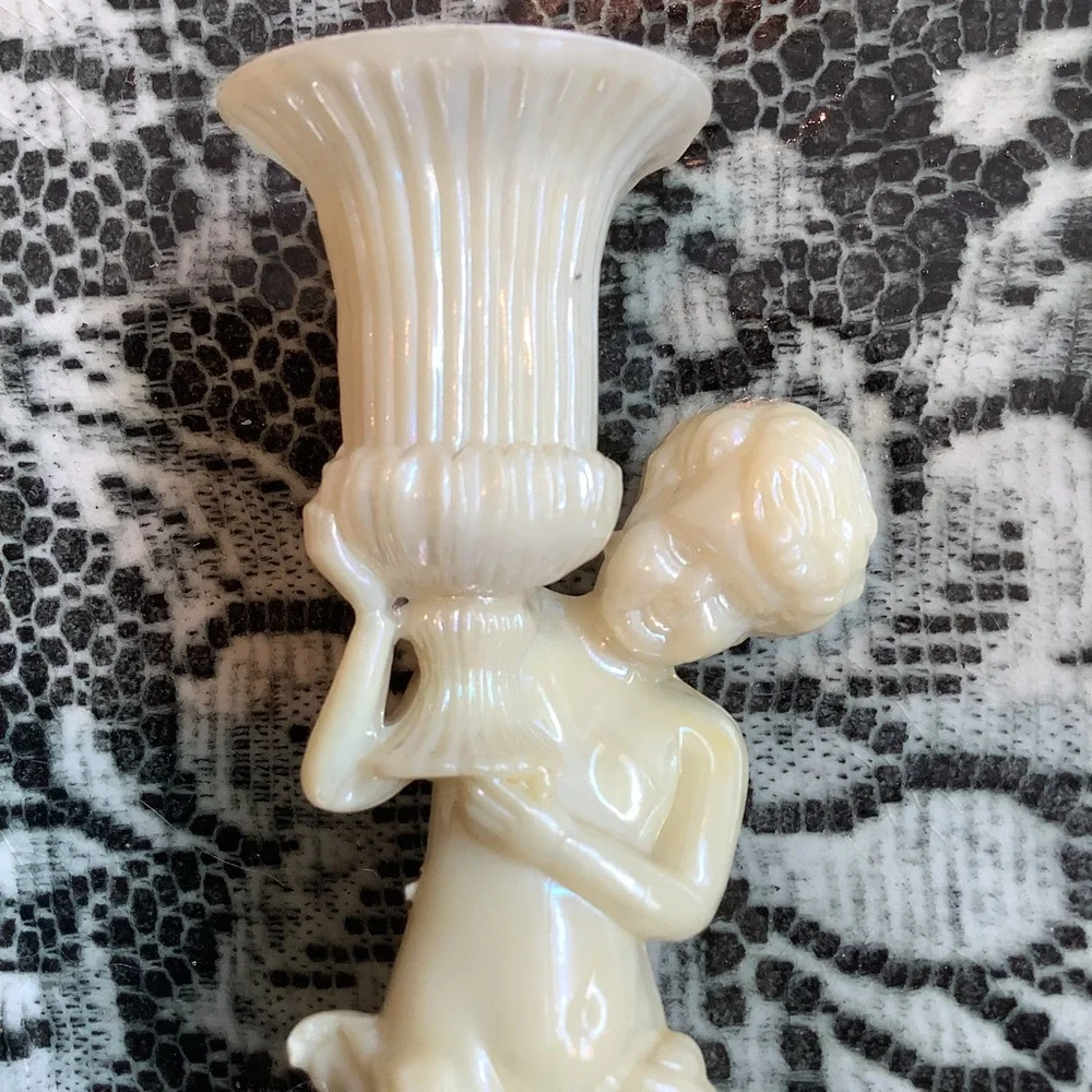 Vintage Plastic Cherub Statue Candlestick Candle Holder + Battery Candle RIBBON